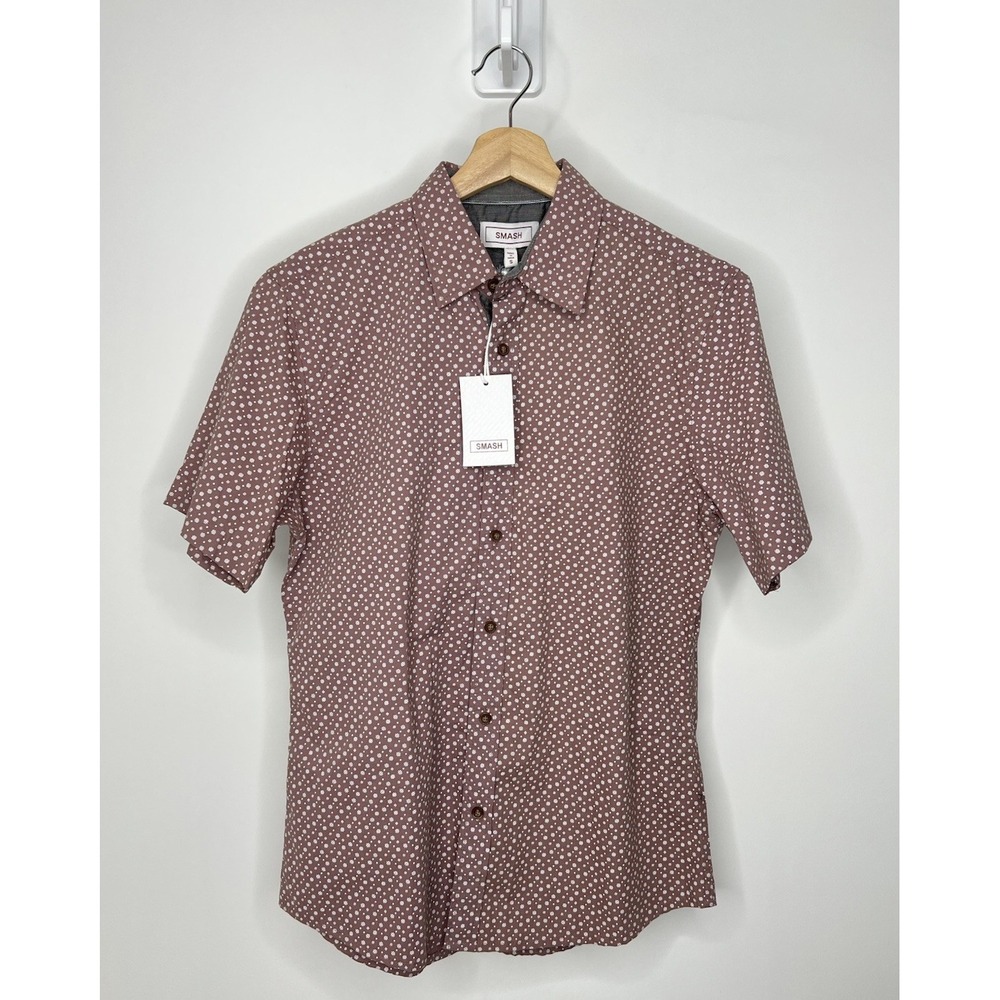 NWT Smash Button Down Shirt Mens Small Mauve White Polka Dot Casual Pocket